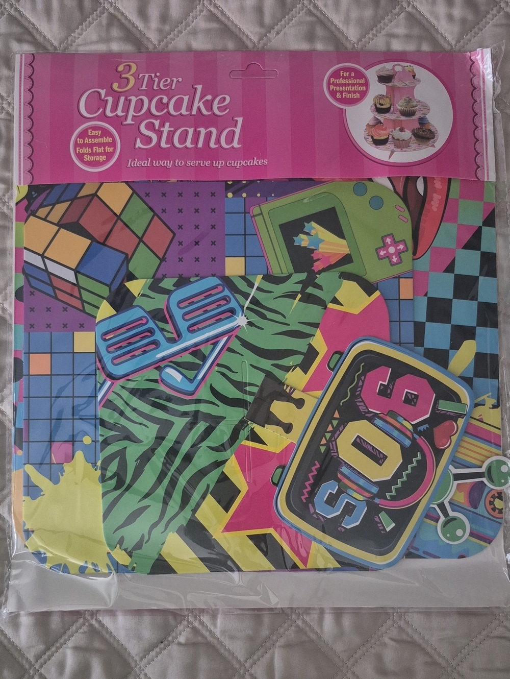 3-Tier Cupcake Stand - Retro Neon Pattern Pink